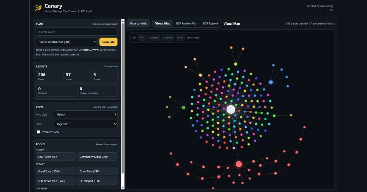 Canary Visual Sitemap dashboard showing a website crawl and Galaxy map