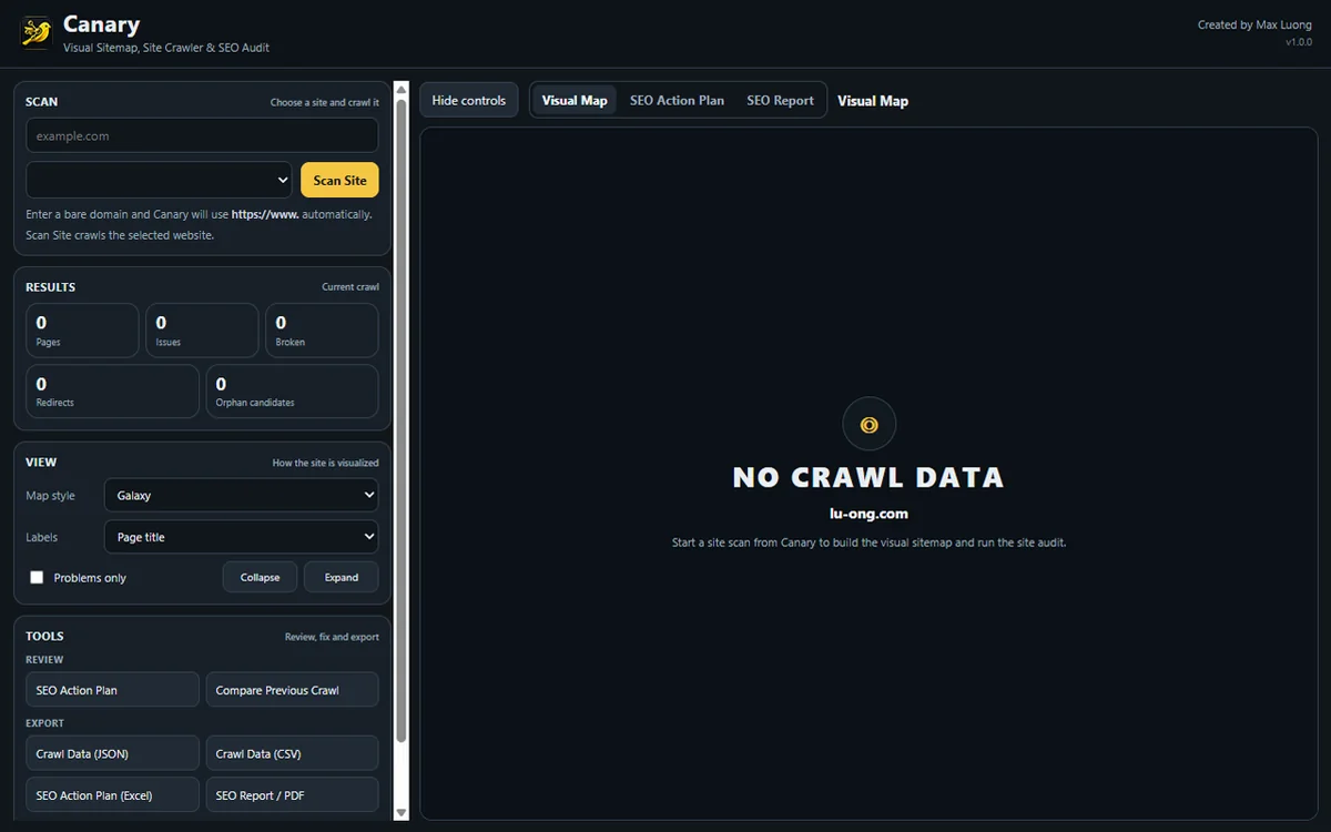Canary dashboard showing the no crawl data state and prompt to start a site scan