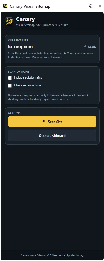 Canary Chrome side panel showing the current site, crawl options, Scan Site button, and dashboard button